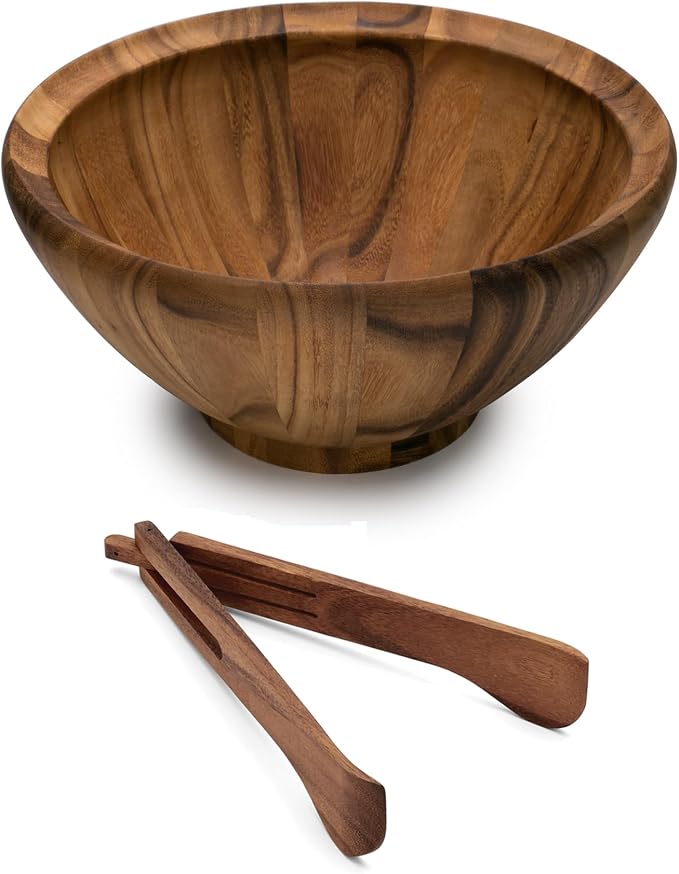 Ironwood Gourmet Acacia Wood Salad Bowl, Salinas Extra Large 16" x 8" Salad Bowl and Spring Salad Tongs Set