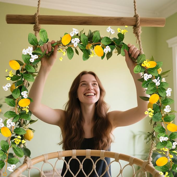 2 Pcs Artificial Lemon Flower Garland Vine, 14 Ft Fake Yellow Lemon Vines Silk Flowers Hanging Floral Garlands Decoration for Room Wall, Flower Themed Party, Wedding Supplies