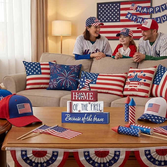 Smile 4 Pcs Veterans Day Patriotic Memorial Day Indoor Wooden Decor, Home of Free Tiered Tray Farmhouse Table Decoration for Home and Office