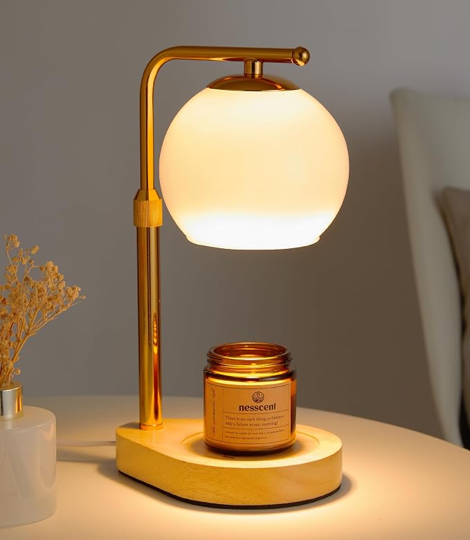 White Glass Candle Warmer Lamp Adjustable Height with Timer 2 4 8H | Warm Gold Hardware | Natural Wood Base | Dimmer Wax Melt Warmer Includes Candle and Bulbs