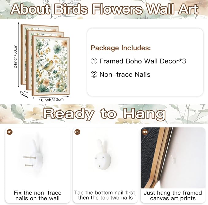 CHDITB Framed Rustic Birds Wildflowers Wall Art Set, 3 Pieces Vintage Chinoiserie Birds on Floral Branch Botanical Canvas Artwork, Large Boho Neutral Nature Watercolor Cottagecore Country Painting Decor for Bedroom Office(16"L x 24"W)