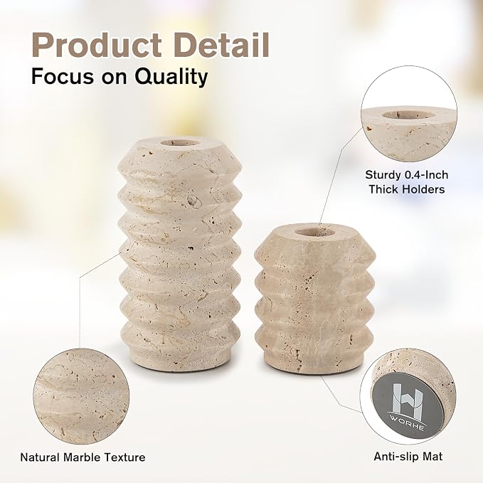 Candle Holders True Natural Travertine Stone 0.4" Thick, Set of 2 Premium Marble Candlestick Holder for Wedding Dinning Party, Candle Stand for 3/4 inch Thick Candles Color White (ZT002)