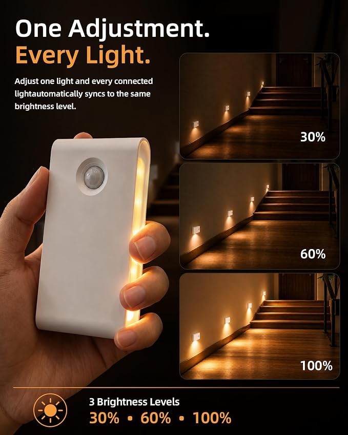 EZVALO 6 Pack Motion Sensor Night Lights with Charging Station, Sync LED Stair Lights Indoor, 1500mAh Rechargeable, Magnetic & Dimmable, 3000K Soft White, Portable Nightlight for Hallway, Stairs
