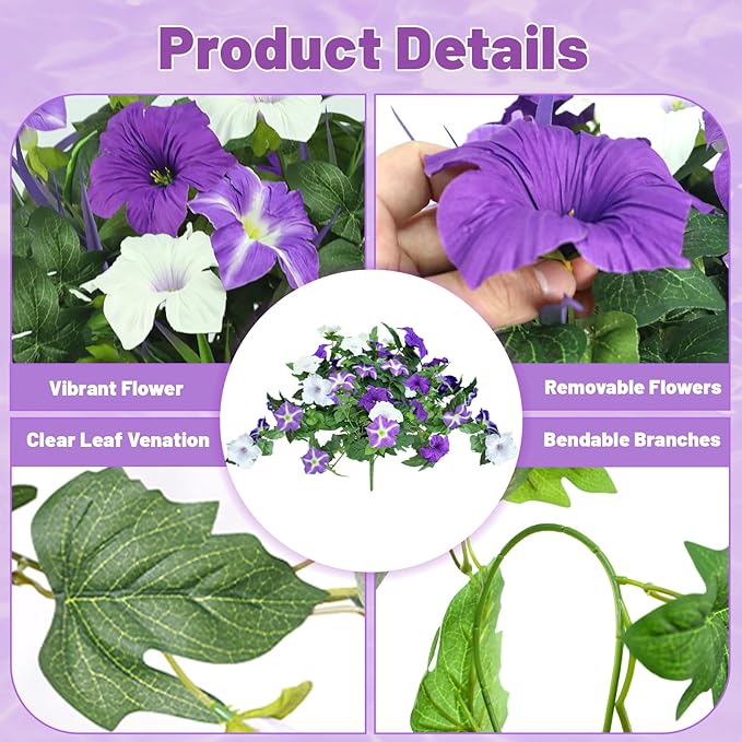 Artificial Flowers Hanging Baskets for Outdoors, 5PCS UV Resistant Faux Outdoor Plants, Fake Petunias Silk Flowers for Garden Balcony Yard Porch Decor (White Green Purple)