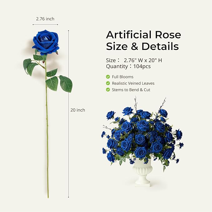 Auihiay 104PCS Blue Roses, Realistic Silk Velvet Blue Artificial Flowers, Lifelike Faux Roses for Bridal Bouquet, Home Decor, Valentine's Day, Wedding Centerpieces, Nautical Party