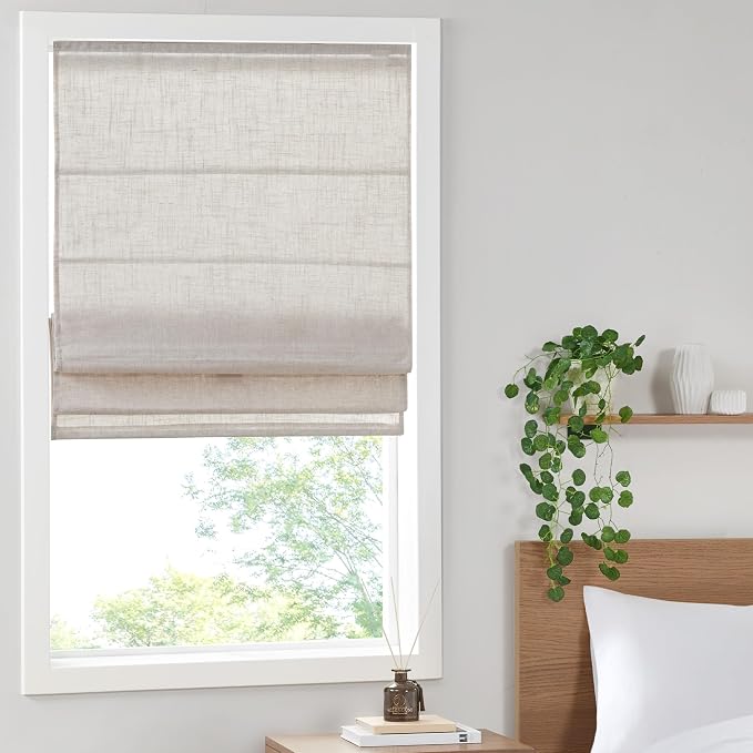 Madison Park Kyler Cordless Roman Shades - Single Panel, Lightweight Linen Blend Fabric, Natural Design, Easy Installation, Light Filtering Window Blind, Bedroom, Living Room Decor 27"W x 64"H Natural