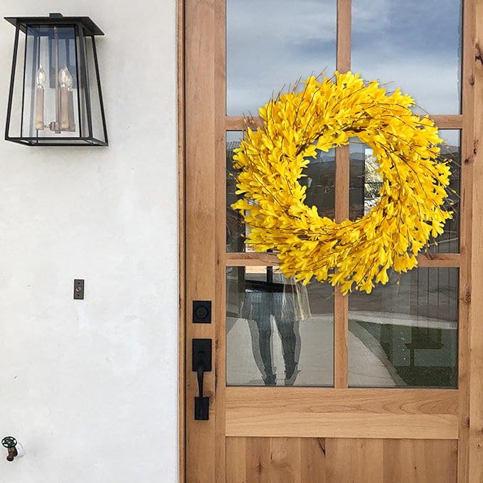 Bibelot 22inch Artificial Forsythia Flower Wreaths Spring Summer Fall Wreath Silk Leaves Wreath for Front Door Wreaths Porch Farmhouse Patio Garden Home Decor (yellow)