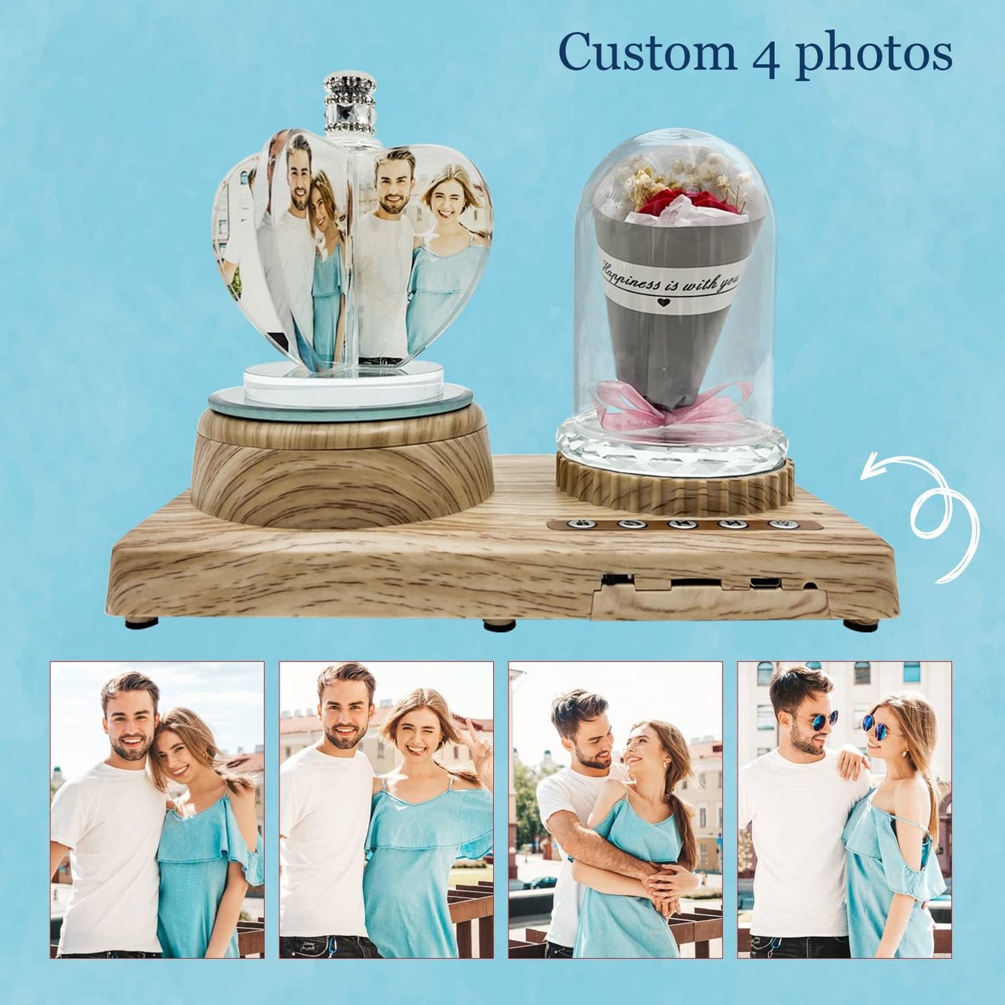 3D Crystal Photo, Personalized 4 Photos-Color Print Picture, Crystal Night Light Family Baby Mother Lover Daddy Day Gift, Rotating Windmill Rose Ornament lamp