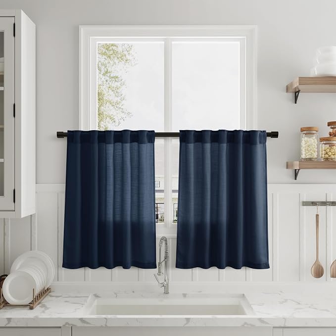 Denim Blue Kitchen Tier Curtains 24 Inch Length Linen Blend Privacy French Country Light Filtering Short Curtain with Rod Pocket Back Tab for Over Sink Window Bathroom Laundry 2 Panels 30Wx24L