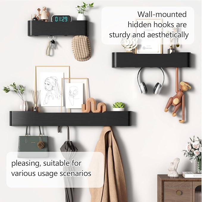 Coat Rack Wall Mount with Shelf 8 Hidden Hooks Modern Wooden Key Holder Entryway Organizer for Hallway Bedroom Bathroom Home Decor Storage for Hanging Coats Hats Bags Towels, Black