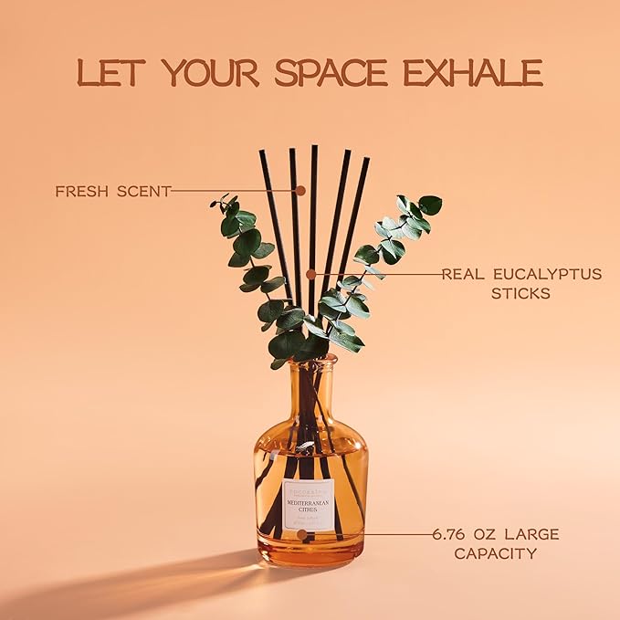 COCORRÍNA Mediterranean Citrus Reed Diffuser – 6.76 oz Essential Oil with 8 Reeds & Real Eucalyptus Sticks, Home Fragrance for Bedroom or Bathroom Décor