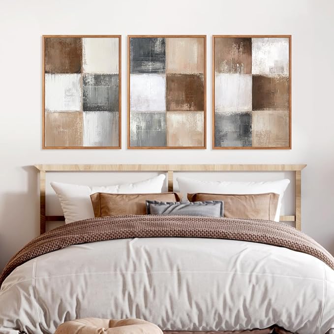HOURIA 3Pcs Boho Brown Beige White Grey Square Lattice Canvas Wall Art 16"x24", Vintage Mid Century Modern Earth Tone Wall Decor, Minimalist Neutral Illustration Art Print for Office Living Room Home