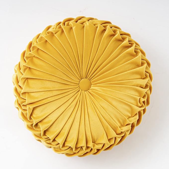 vctops Yellow Velvet Seat Cushions Round Floor Pillows Thicken Chair Cushions Pleated Chair Pads Seat Pad Throw Pillows for Bedroom Living Room (Yellow,Diameter 14")