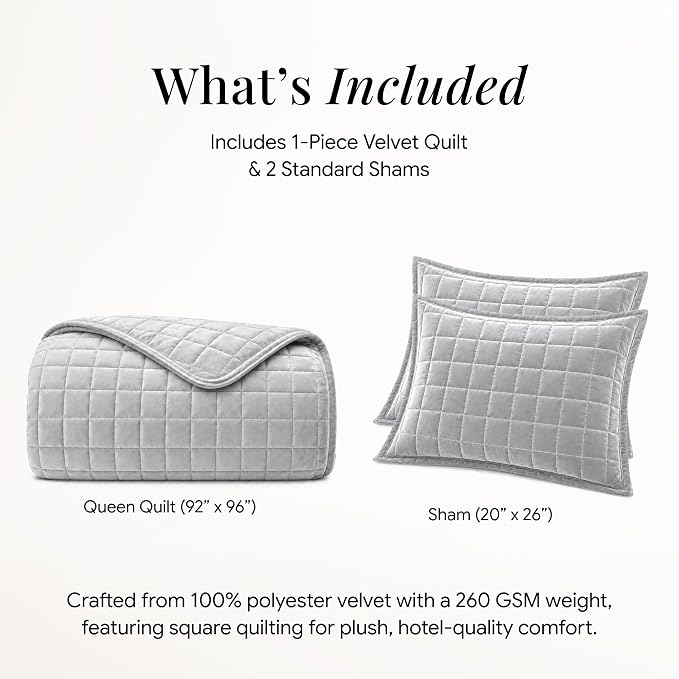 Tribeca Living Luxury Velvet Quilt Queen Size Set - 260GSM Ultra-Soft Oversized Velvet Bedspread Comforter Set with 2 Shams, in Florence Silver Grey