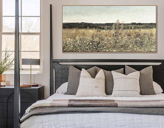 DJSYLIFE Framed Canvas Wall Art Wildflower Field, 29.52 x 57.87 Inch | Extra Large, Oversized, Vintage Landscape Painting Prints, Classical Flowers Pictures, Farmhouse Living Room Bedroom Decor
