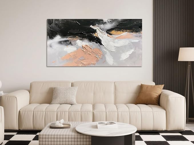 Ardemy Textured Abstract Canvas Wall Art - Black White Gold Beige Brush Strokes Painting Large 48"x24", Modern Splatter Artwork for Living Room Bedroom Home Office Luxury Wall Decor