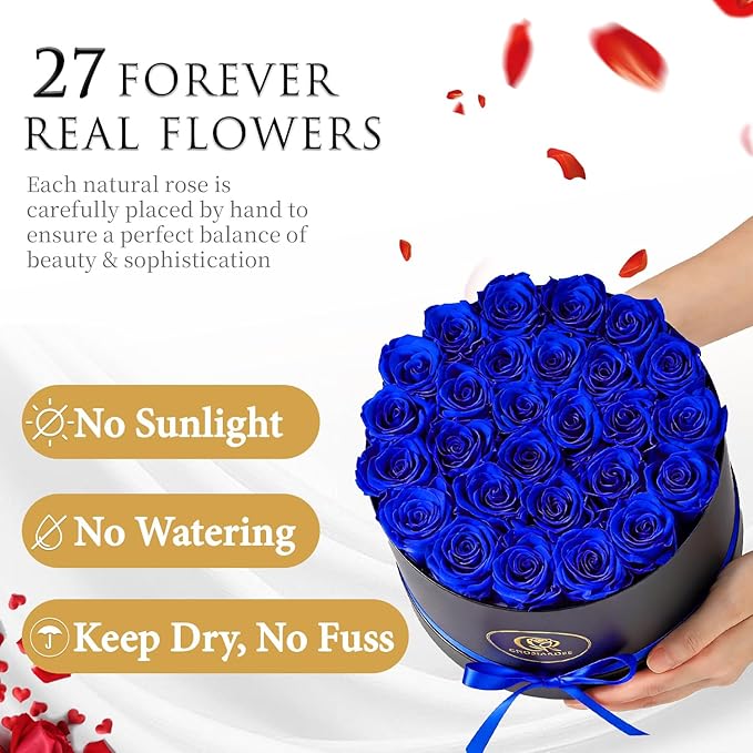 Forever Flowers Preserved Roses - 27 Preserved Flowers for Delivery, Forever Blue Rose Gifts for Women Mom Gifts for Birthday Anniversary Flower Gift for Women Wife Her Grandma Mothers Day