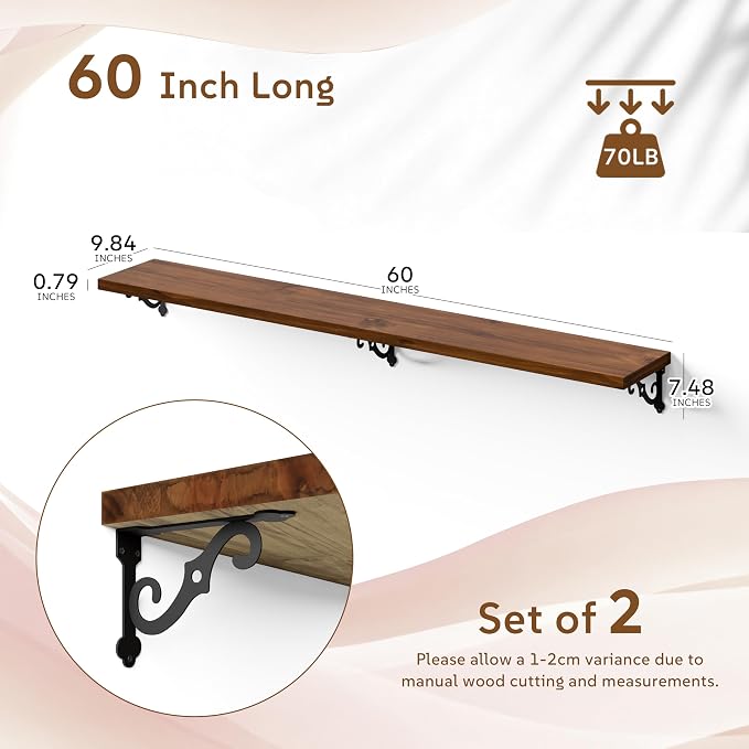60 Inch 2 Tier Solid Wood Floating Shelves for Wall with Metal Brackets | 60 inch solid pine shelves, 2 tier, walnut finish, metal brackets for books, decor and home storage