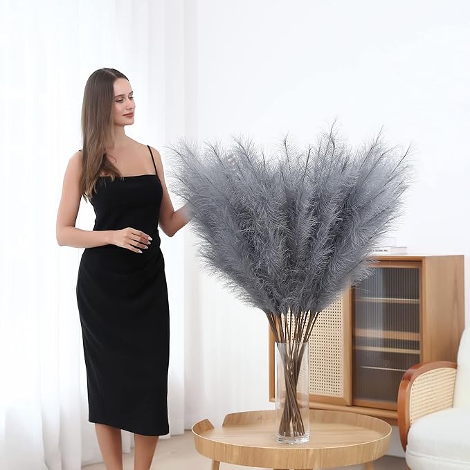 Wertuirk 8 Pcs 45 inch Tall Faux Pampas Grass Decor, Large Artificial Grey Pompous Grass Bulk, Long Fake Pompas for Floor Vase Filler, Wedding, Baby Shower, Home and Boho Decor (Grey)