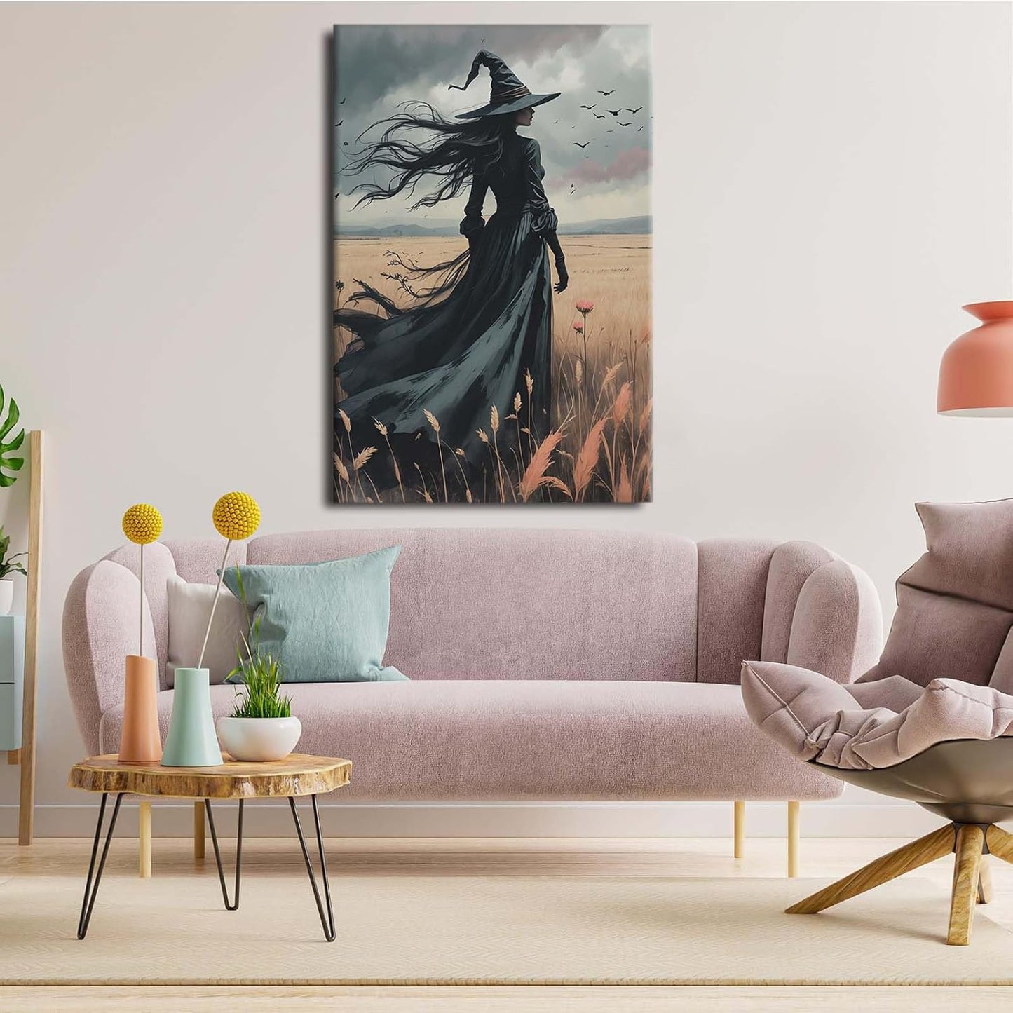 Gothic Decor Canvas Wall Art Witch in Rice Field Halloween Art Decor Print Nature Print Victorian Home Bedroom24x36in Wood Framed