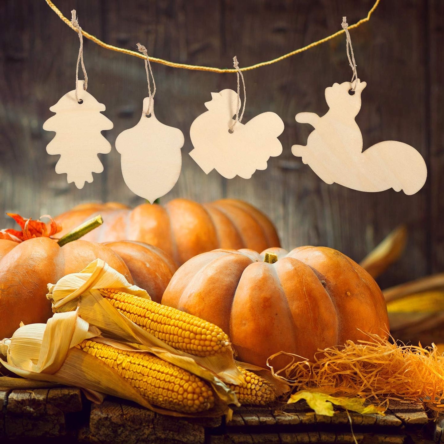 60 Pieces Fall Thanksgiving Unfinished Wooden Ornaments Maple Leaves Pumpkin Wood Cutout Squirrel Acorn Blank Wooden Ornament for Thanksgiving Party DIY Decor Supplies, 6 Styles