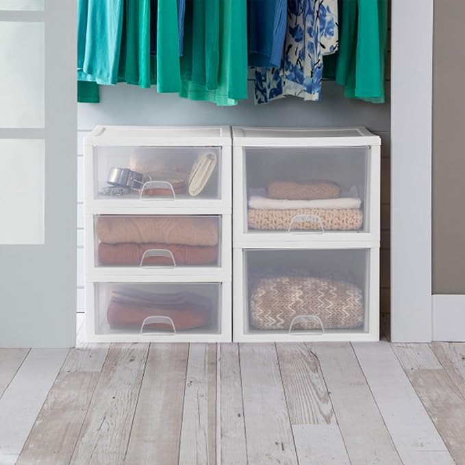 Sterilite 4-Pack Stacking Drawer, Clear Storage Organizer Containers, 27 Quart, White Frame - Stackable and Modular Plastic Drawers for Shoes, Clothes, Accessories, Supplies, Bedding, and Linens