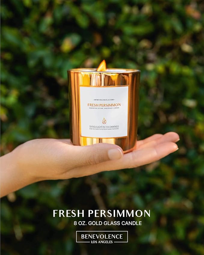 Benevolence LA Premium Fresh Persimmon Scented Candle – Long-Lasting, 45-Hour Burn – Luxury Natural Soy Wood Wick Candle for Home – Aromatherapy & Room Decor – 8oz