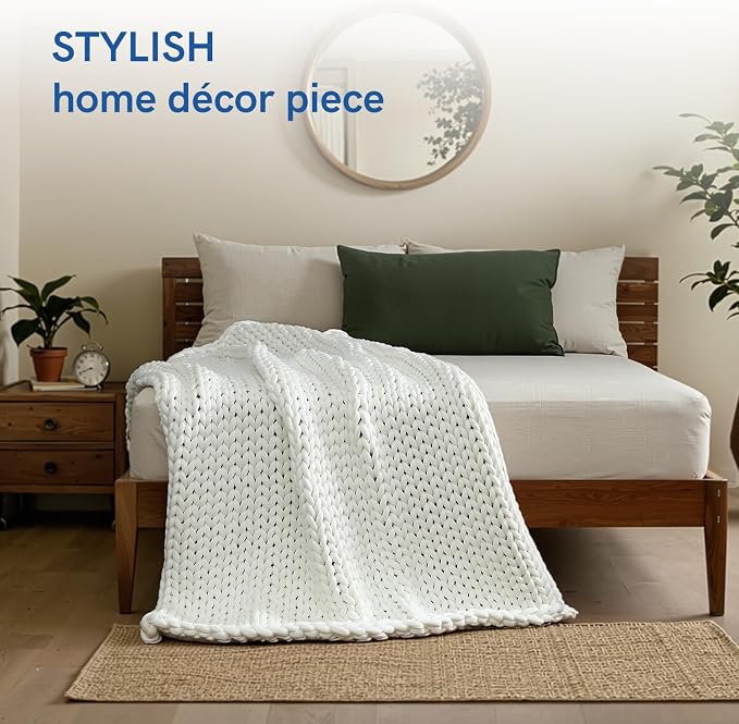 YnM Cooling Chunky Throw Blanket, Medium-Weight, Hand Knitted, Skin Friendly, Ventilated and Breathable, Machine Washable, Home Décor Piece for Couch, Sofa and Bed (White, 50x70 Inch)