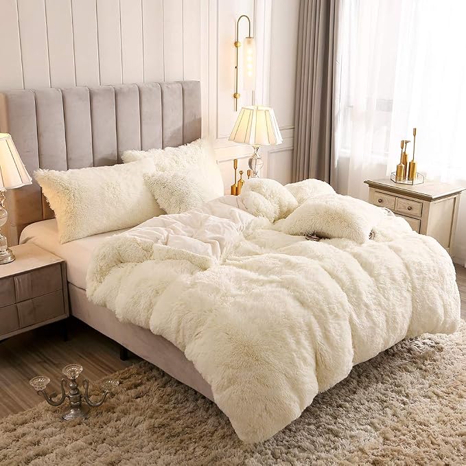 Faux Fur Velvet Fluffy Bedding Duvet Cover Set Down Comforter Quilt Cover with Pillow Shams, Ultra Soft Warm (King, Cream)