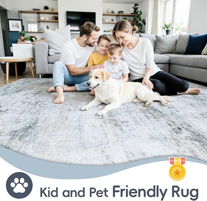 5x7 Area Rugs Washable Rug:Anti-Skid Abstract Modern Living Room Rug Soft Thin Carpets Indoor Floor Non-Shedding Carpet for Bedroom Dining Farmhouse Nursery Home Office(Blue/Grey/Gold/White, 5x7)