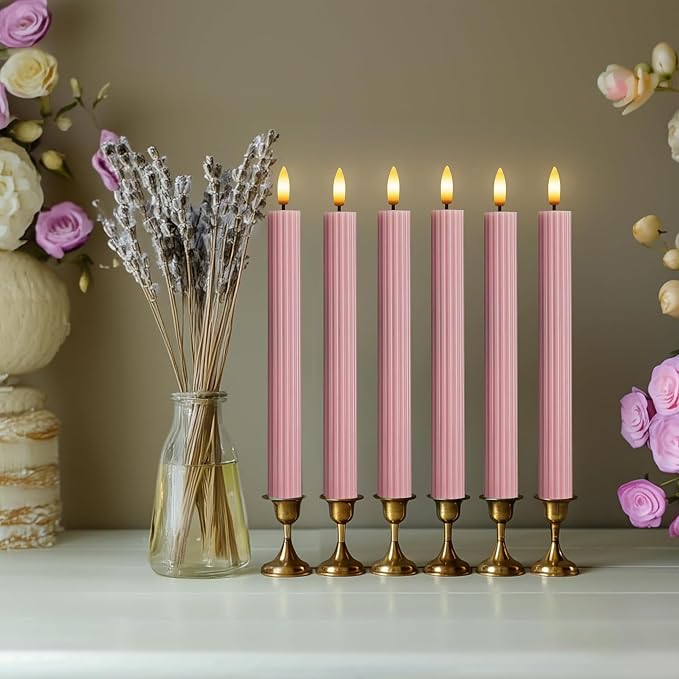 6 Pack, 10" LED Flameless Real Wax Dusty Rose Fluted Ribbed Grooved Taper Candles, Remote & 24h Timer Memory, On/Off Button, Dimmable, Flicker Mode, Battery Operated, Wedding