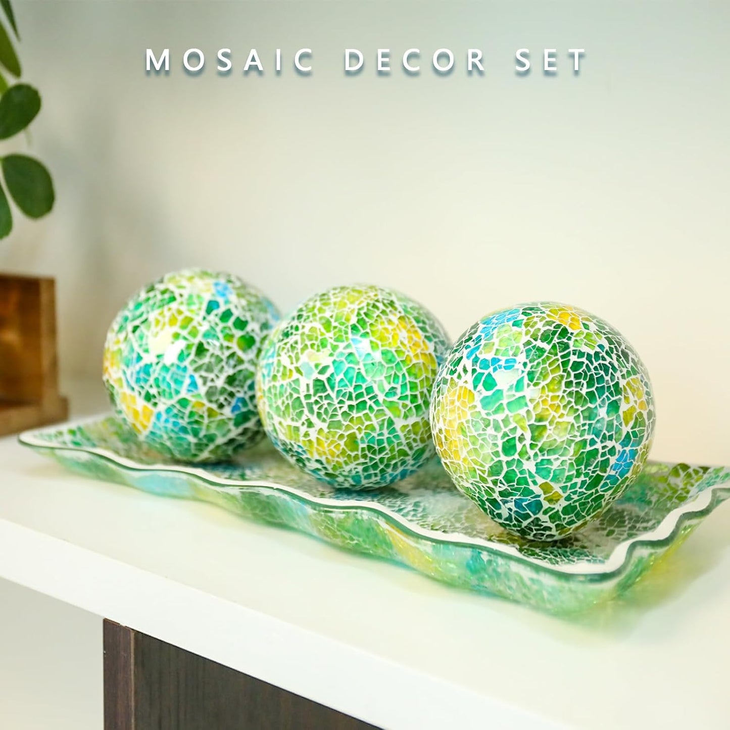 VCUTEKA Decorative Balls and Glass Bowl, 4 Inch Mosaic Sphere Balls Centerpiece Balls for Coffee Table, Home Decor, Wedding Party Decor, Green