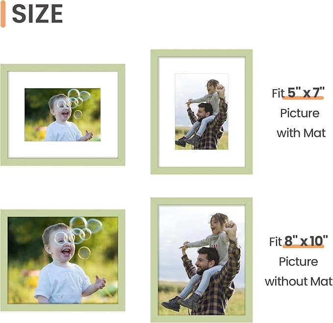 upsimples 8x10 Picture Frame, Display Pictures 5x7 with Mat or 8 x 10 Without, Wall Hanging Photo Frames, Green, 1 Pack