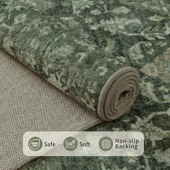 Rugxara 4x6 Rug for Living Room Bedroom, Green Washable Throw Rugs, Vintage Retro Boho Area Rugs, Non Slip & Low Pile Accent Throw Carpet for Indoor Dining Room, Kids Room and Office(Green 4x6ft)