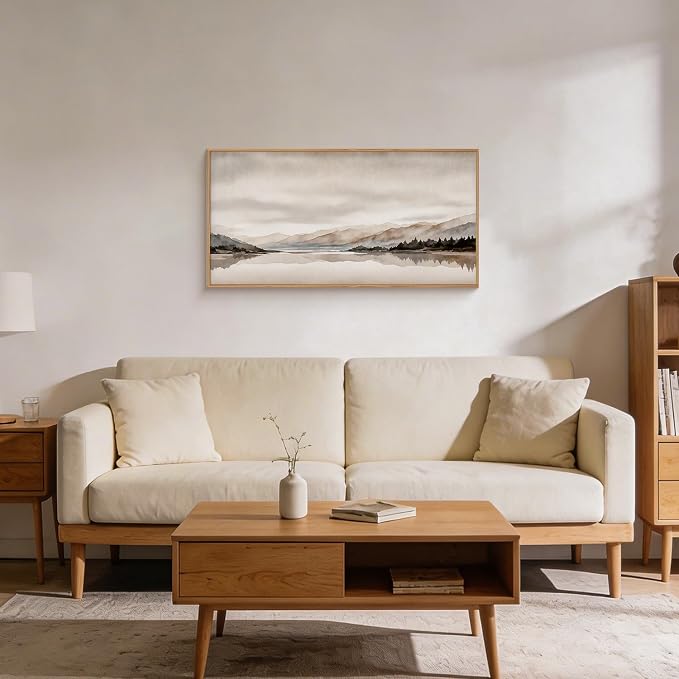 LHIUEM Abstract Mountain Brown Framed Canvas Wall Art,Neutral Watercolor Landscape Wall Decor,Minimalist Grey Beige Lake Artwork for Living Room,Bedroom,Dining Room,Office -20"x40"x1