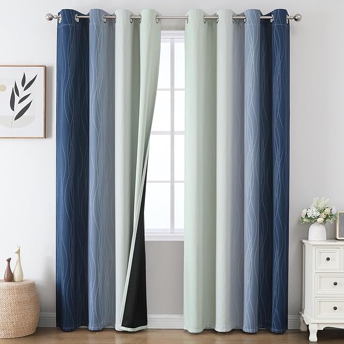 Estelar Textiler Navy Blue and Sage Green Ombre Blackout Curtains 90 Inches Long 2 Panels for Living Room, Thermal Insulated Drapes for Bedroom, Full Light Blocking Curtains for Sliding Door,52Wx90L