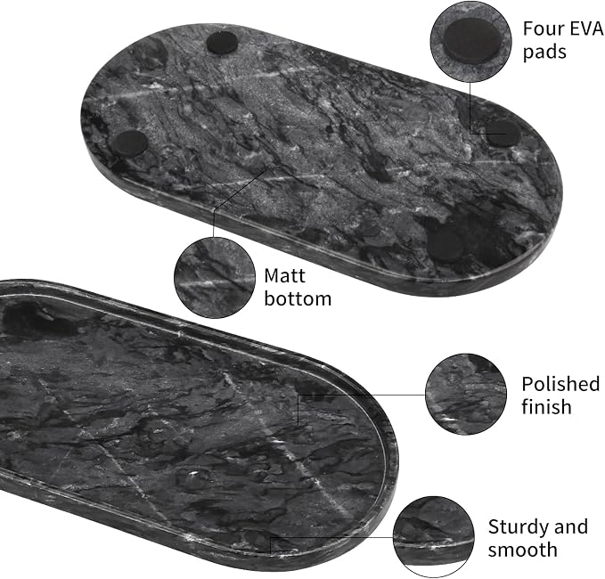 Oval Marble Bathroom Vanity Tray, Natural Luxury Marble Home Kitchen Bathroom Table Tray, Stone Decorative Countertop Tray for Coffee Perfume Jewelry (Dark Grey, 12" x 6" x 0.8")