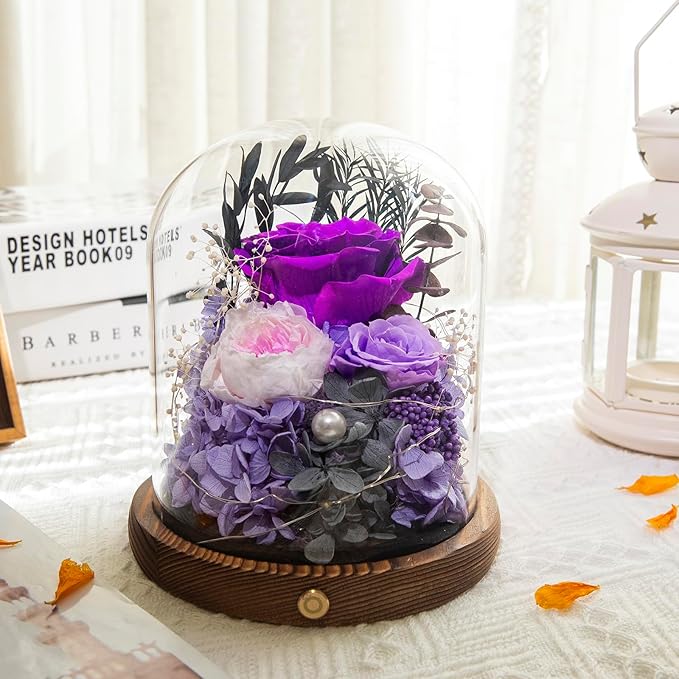 Large Preserved Flowers with Card&Box-Flowers for Delivery Prime,Eternal Rose with Lights,Roses in Glass Dome,Romantic Gift for Her,Decoration,Fresh Rose Flowers for Mom,Birthday,Anniversary (Purple)
