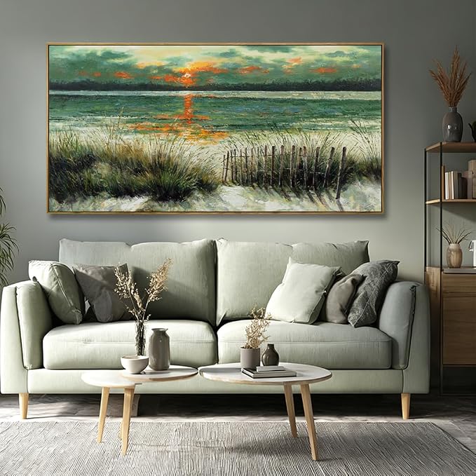 Kureful Green Abstract Wall Art Sunrise Beach Sea Ocean Sage Green Landscape Wall Decor Poster Pictures for Living Room Bedroom Dining Room 24"x48"