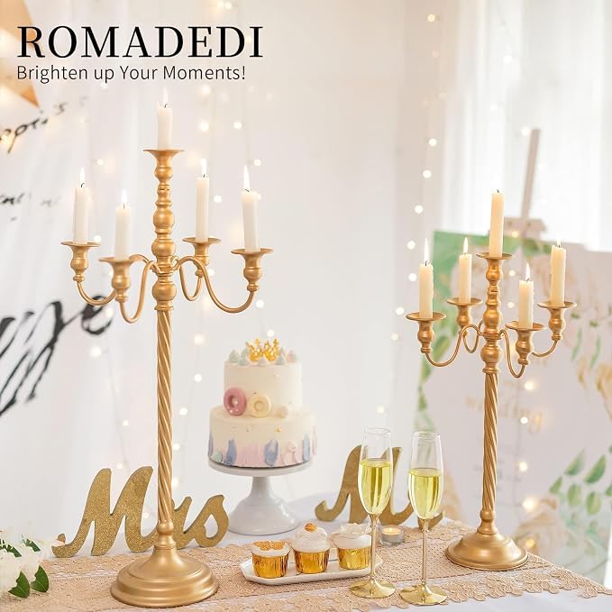 Romadedi Gold 5-Arm Candelabra for Taper Candles, 28 in, Pack of 2 | Metal Candlestick Holders with Curved Branches for Wedding Centerpiece, Reception, Dining Table, and Christmas Decor.