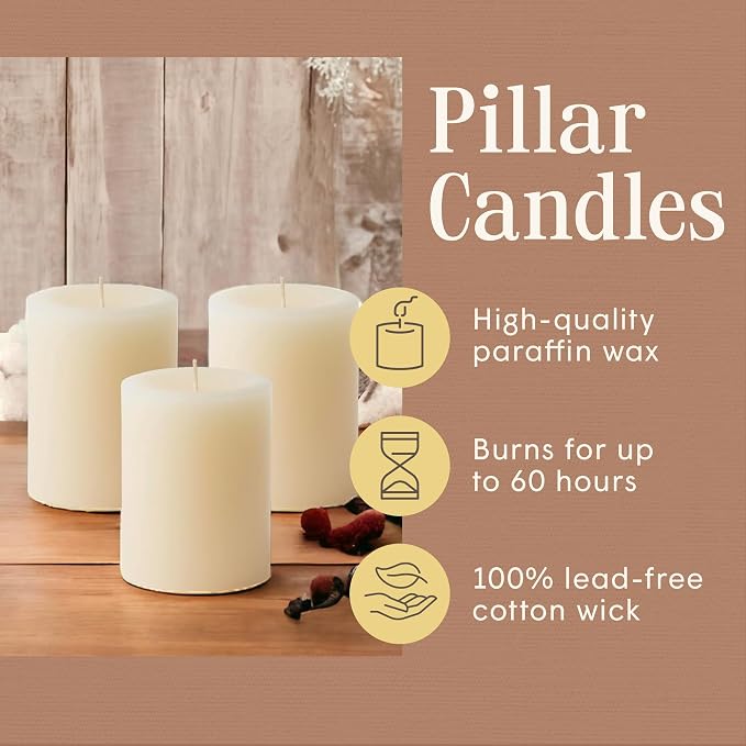 Mister Candle Dripless Vanilla Scented Ivory Pillar Candles Set of 3, Hand Made Vanilla Pillar Candles with Essential Oils for Home Decor, Premium Wax, 60 Hr Burn Time (3x4 inch)