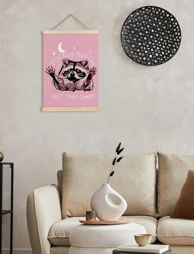 Foritho Funny Motivational Raccoon Meme Poster Wall Art Framed for Office Dorm Home, Sarcastic Work Trash Panda Office Canvas Prints Wall Decor for Coworkers Women Men, 12x16 Inch - Pink