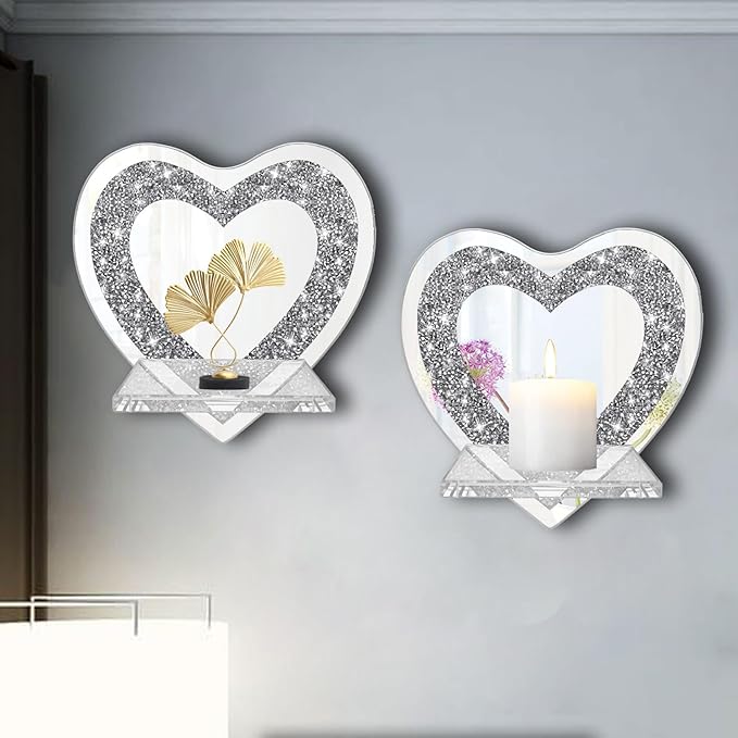 ZOLAPI Set of 2 Crystal Crush Diamond Candle Sconces, Gorgeous Silver Mirrored Wall Sconce, Candle Holder Glass Wall Decorations for Home Décor, Living Room, Dining Room.Heart Shaped
