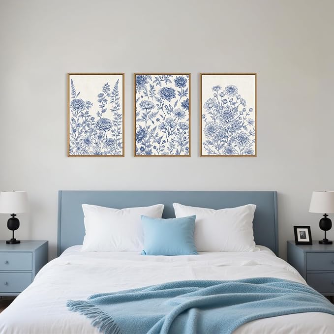 Large Navy Blue Chinoiserie Floral Framed Canvas Wall Art Set,Minimalist Blue and White Flower Wall Decor,Classic Watercolor Botanical Wildflower Art Print for Living Room,Bedroom-24 x36×3