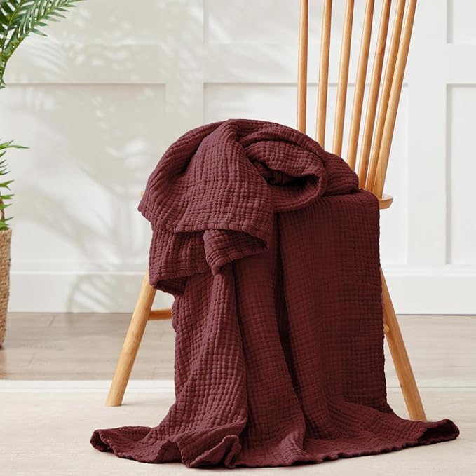 100% Cotton Muslin Blanket Twin 60" x 80", Breathable and Lightweight Cotton Twin Blankets for Couch, Soft Cooling Summer Gauze Blanket for Adults All Season, Burgundy