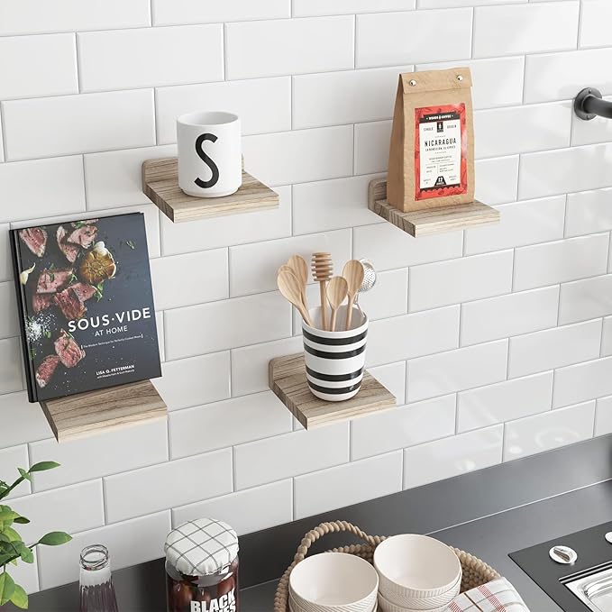 Fixwal Floating Shelves for Wall, Rustic Wood Small Wall Mounted Shelves for Bedroom, Living Room, Kitchen, Bathroom Decor, Set of 4, 5 x 5 Inches (Carbonized Black)
