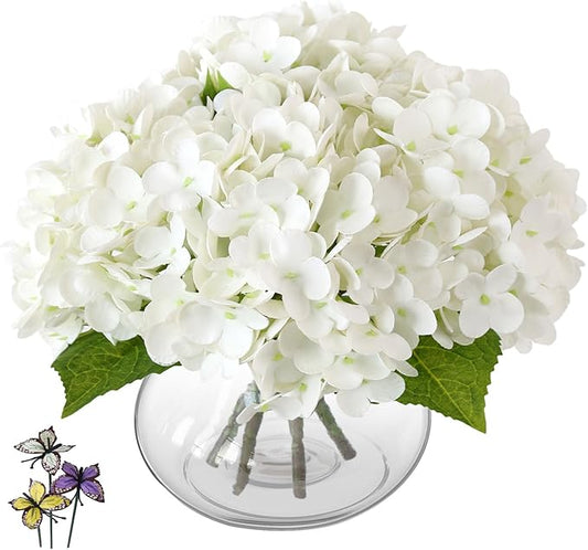 Leftover Hydrangea Artificial Flowers with Vase,White Real Touch Hydrangea Flowers with Butterfly,Faux Hydrangea Flowers for Floral Centerpieces for Tables,Home Decor,Wedding Decor,Coffee Table Decor