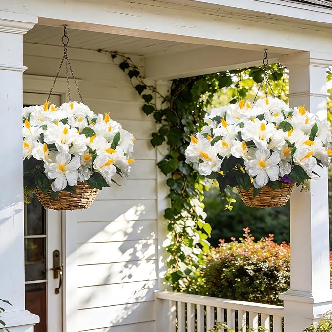 Grunyia Artificial Hibiscus Flowers 5 Bundles, UV Resistant Fake Tropical Flowers Realistic Silk Blooms for Outdoor Planter Garden Patio Porch Window Box Home Decor (White)