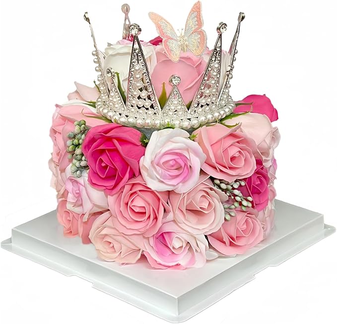 Eightown Forever Cake with Pink Preserved Flowers - Bouquet Preserved Roses for Women - Birthday Gift for Her with Crown (Hotpink & butterfly)
