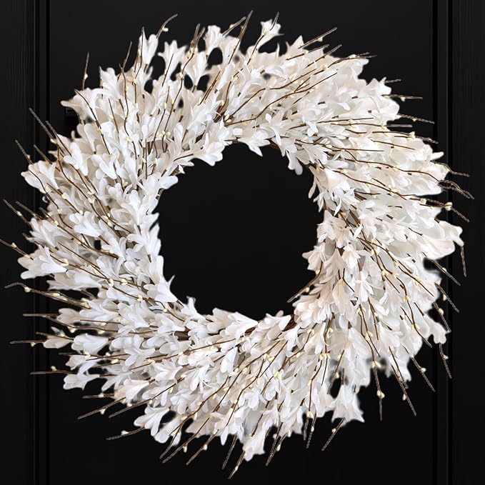 Bibelot 22inch Artificial Forsythia Flower Wreath Spring Summer Fall Wreath Silk Leaves for Front Door Decoration Porch Farmhouse Patio Garden Home Decor (White)